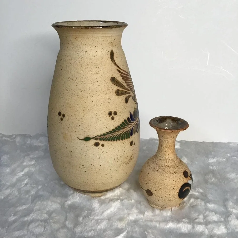 Vintage Tonala Mexican Pottery Owl Vase Set Hand Painted Folk Art Signed Western